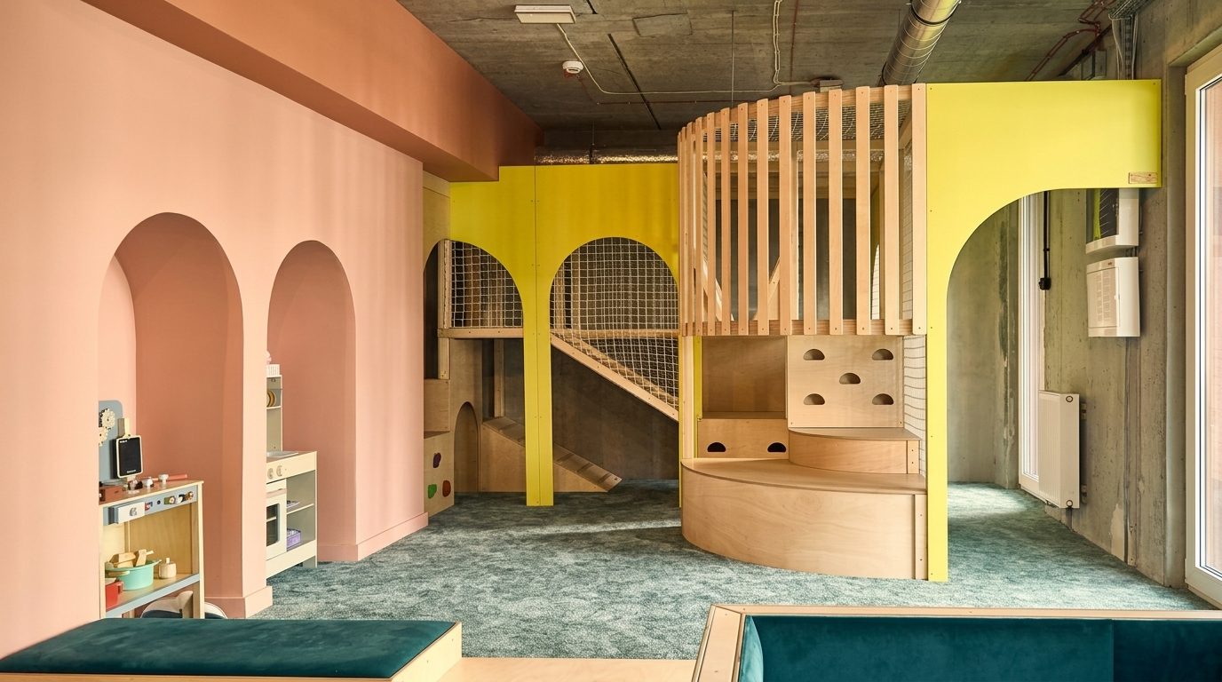 Sala zabaw w WyBawialni: drewniana konstrukcja do wspinania, siatki i kącik malucha